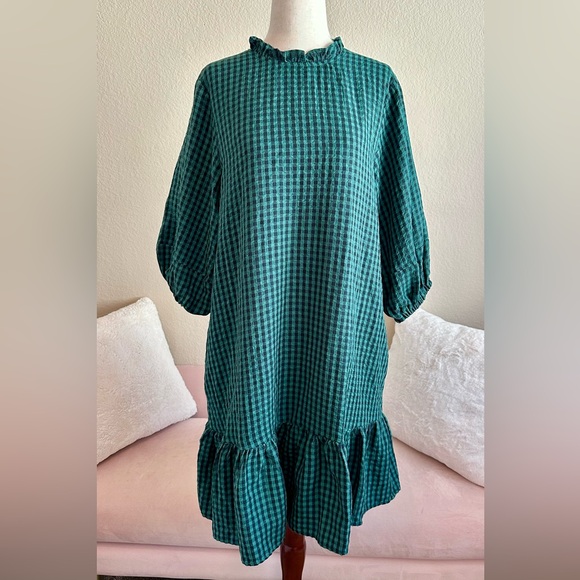 Donna Morgan Green Black Gingham Quarter Sleeve Flounce Hem Swiftie Dress Size 6 - Picture 1 of 12